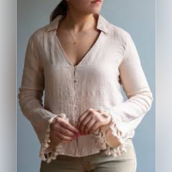 Zara Tops - Zara Linen Fringe Bell Sleeve Button Down in Beige